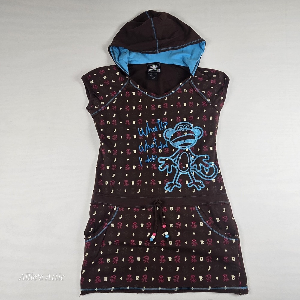 Bobby Jack Hooded Girls Shirt Dress Y2K Brown Pink Monkey "What Did I Do?" XL 16
